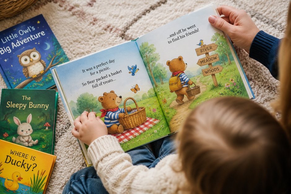 A child and grown-up reading a picture book together